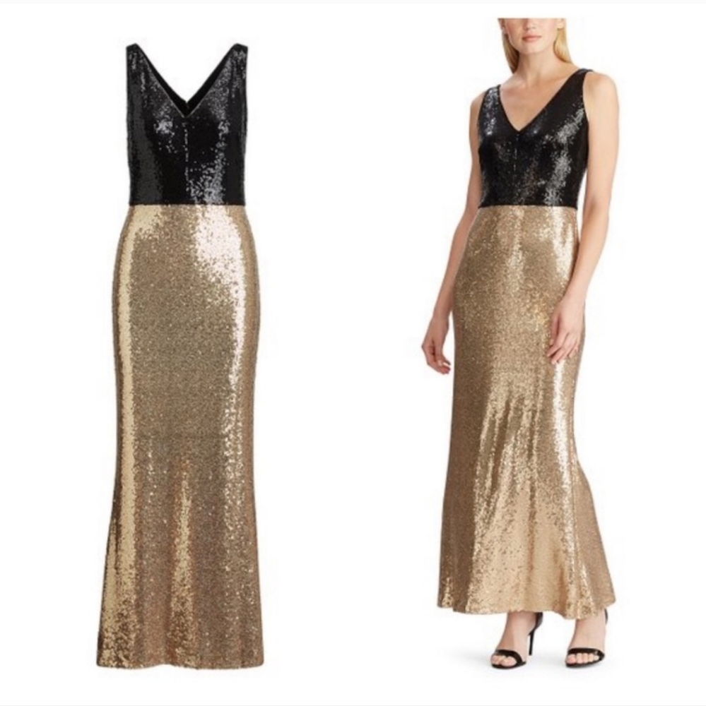 Ralph Lauren Black/Gold Evening Sequin Gown Maxi Dress 12 NEW NWT Holiday Gown